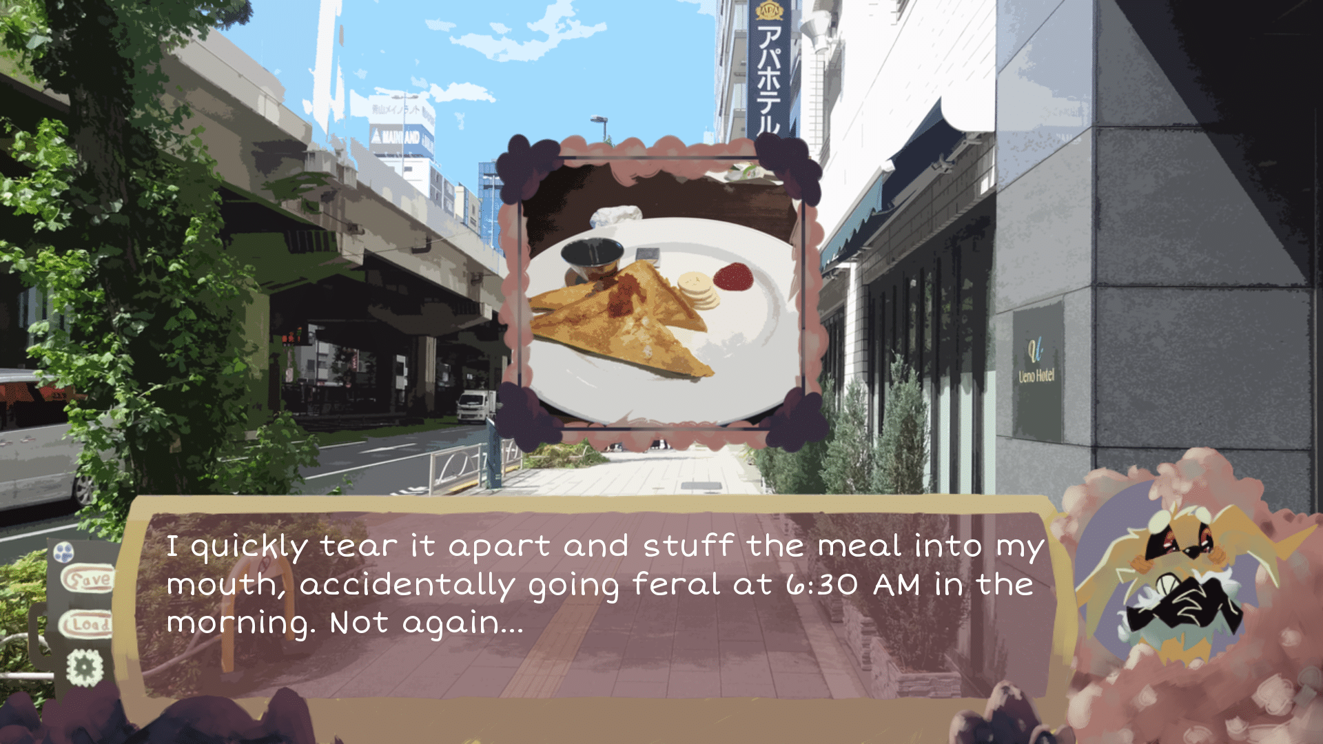a screenshot from A Nightmare's Trip in which the main character describes going feral while eating breakfast