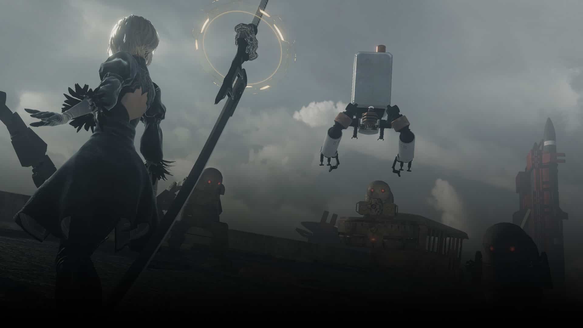 2B and her pod take on a group of enemies in Nier: Automata