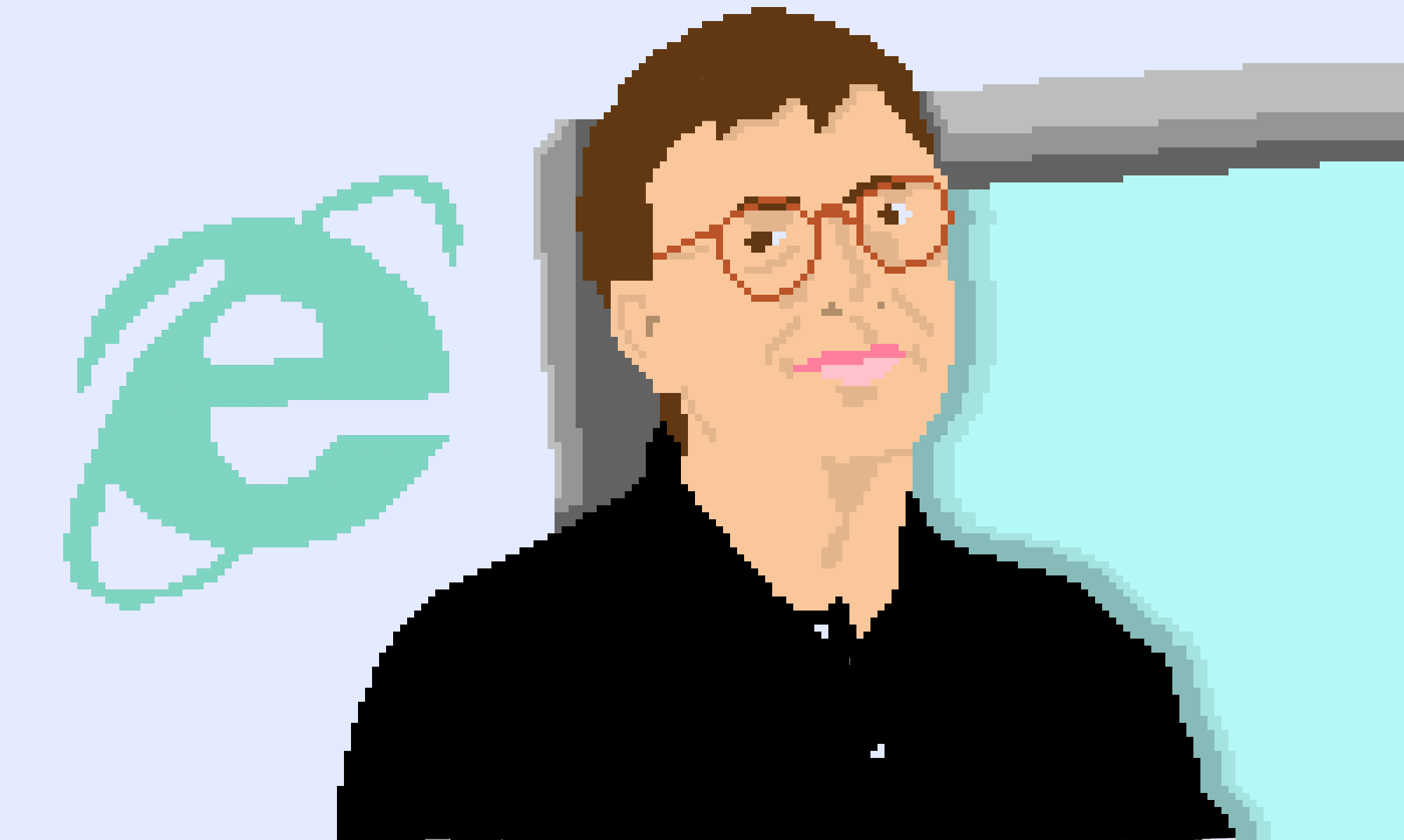 a pixel art drawing of Bill Gates and the Internet Explorer logo