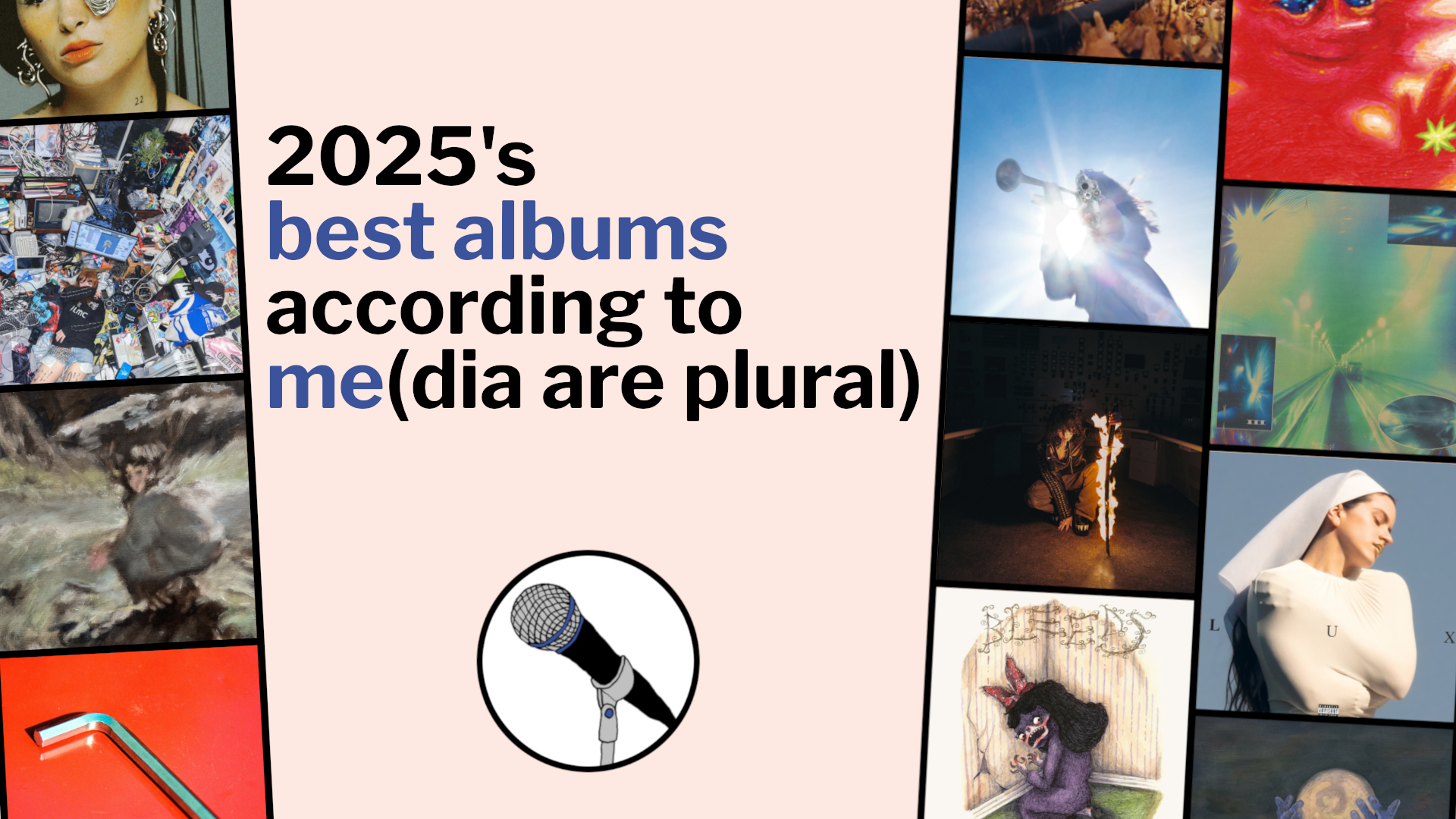 Artwork for various albums surround the text "2025's best albums according to me", with text in brackets so "me" could be read "media are plural". the site logo is below the text.